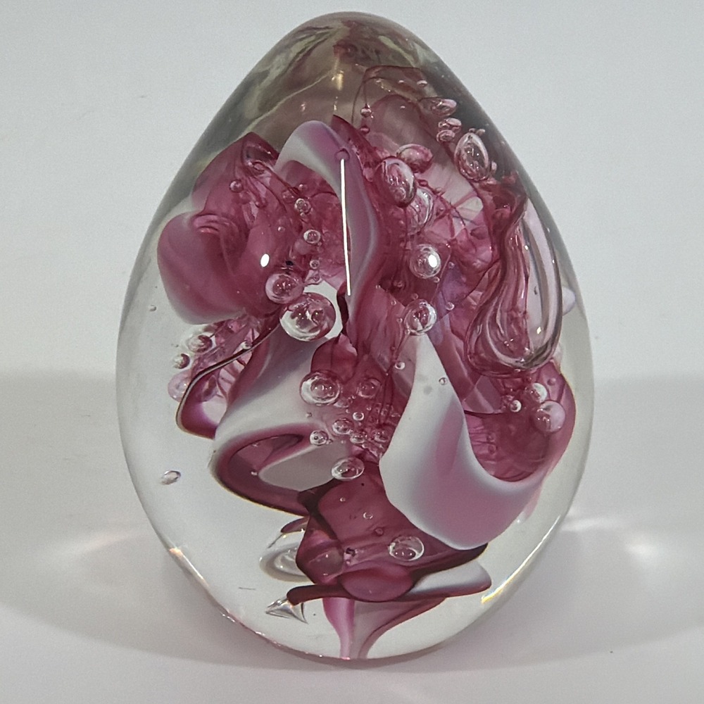Toby McGee Handblown Glass Paperweight Swirling Ribbon Pink Controlled Bubble